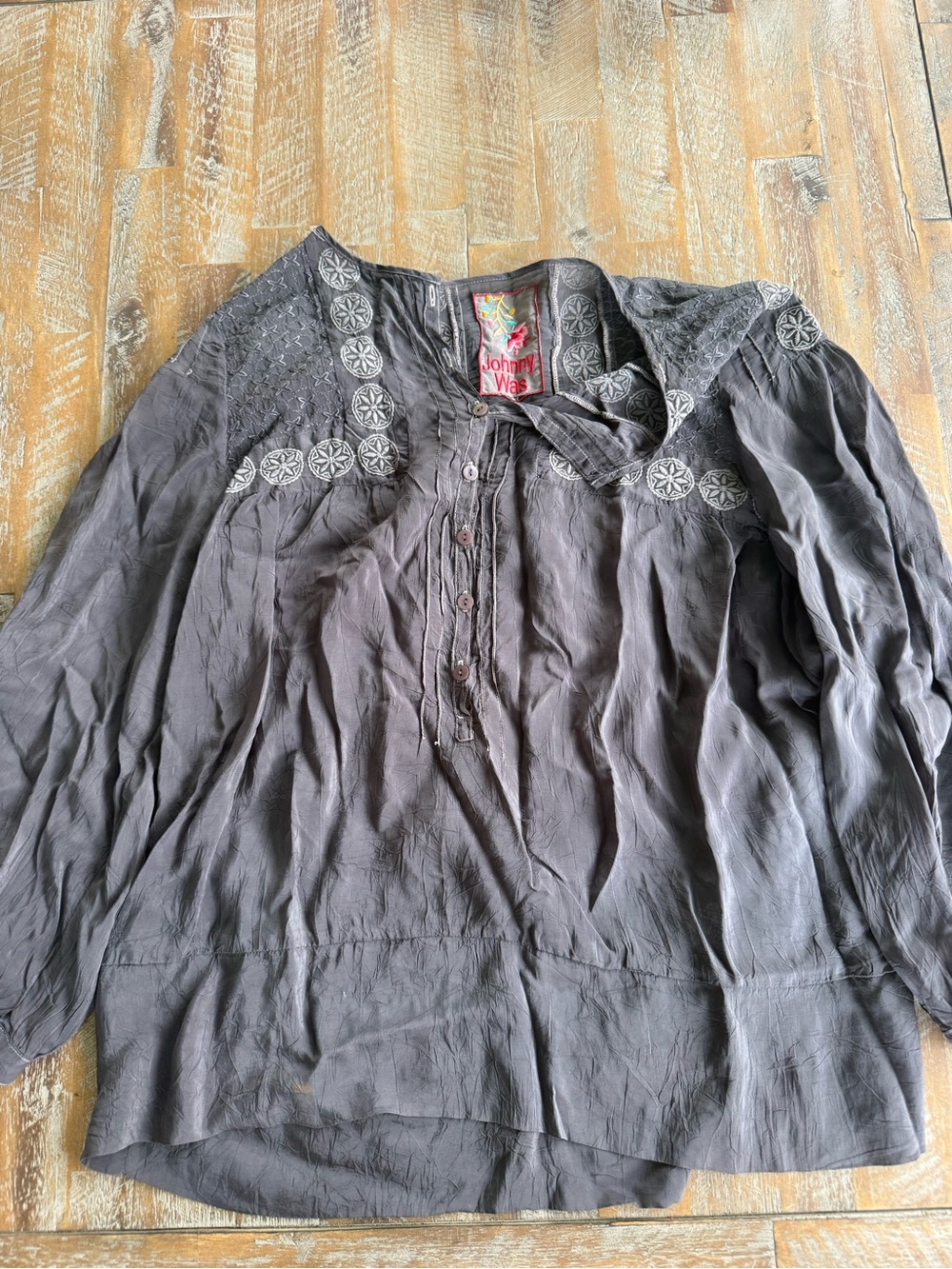 Johnny Was Charcoal Embroidered Button-Front Blouse